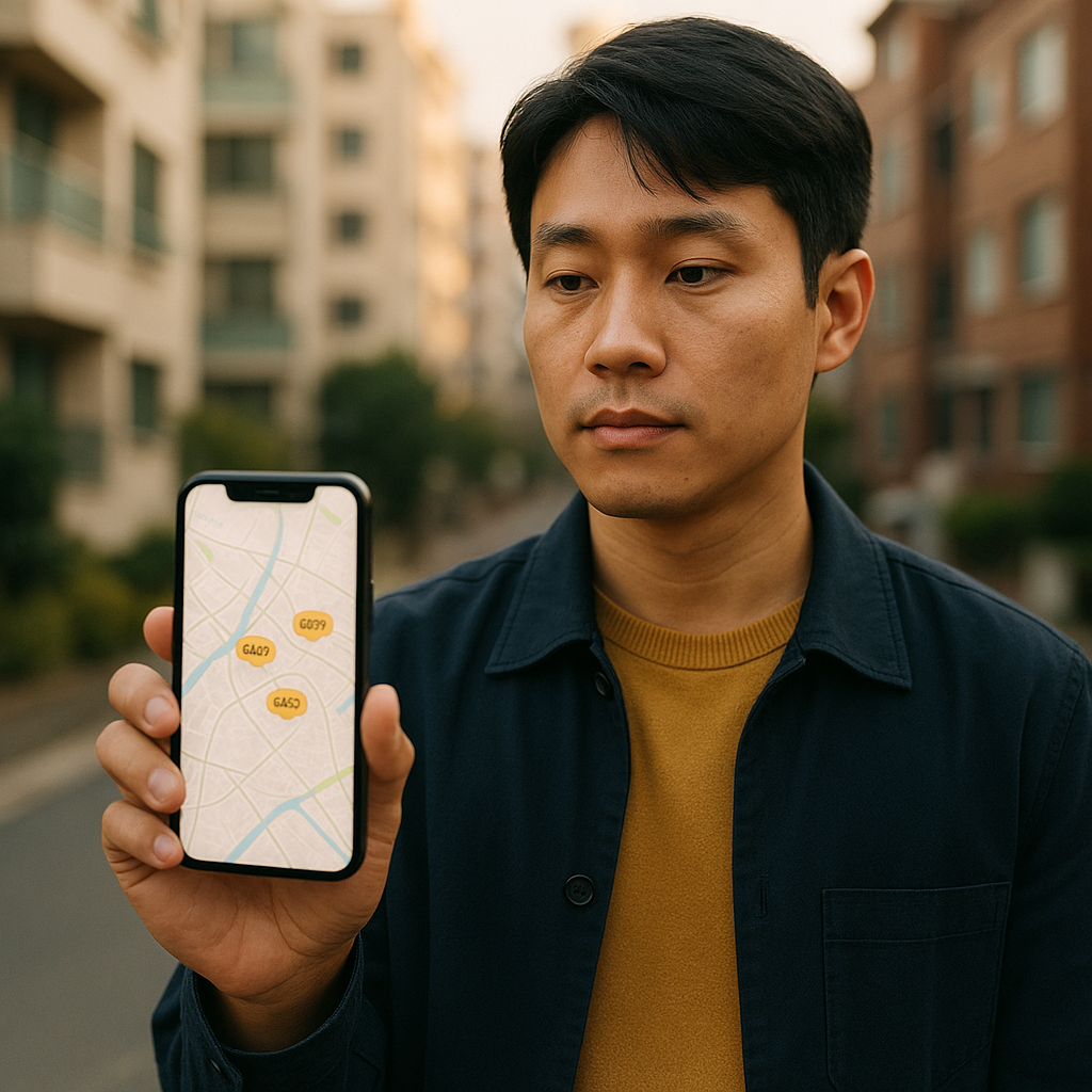 Người dùng xem bản đồ giá nhà quanh vị trí trên điện thoại tại một khu dân cư Hàn Quốc